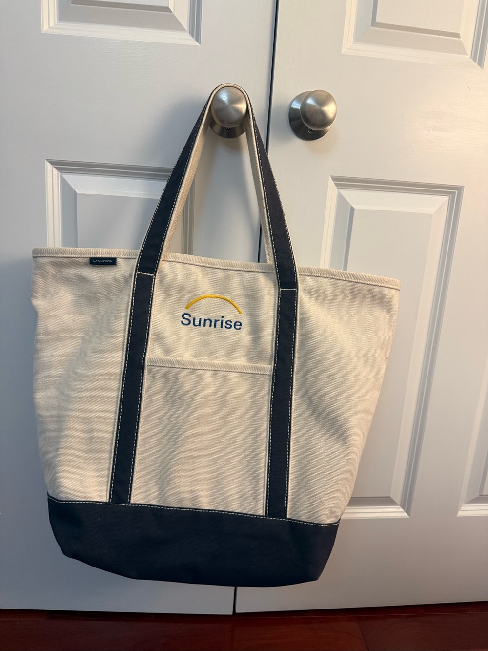 Large Lands' End Canvas Tote in Cream and Navy with Sunrise Logo